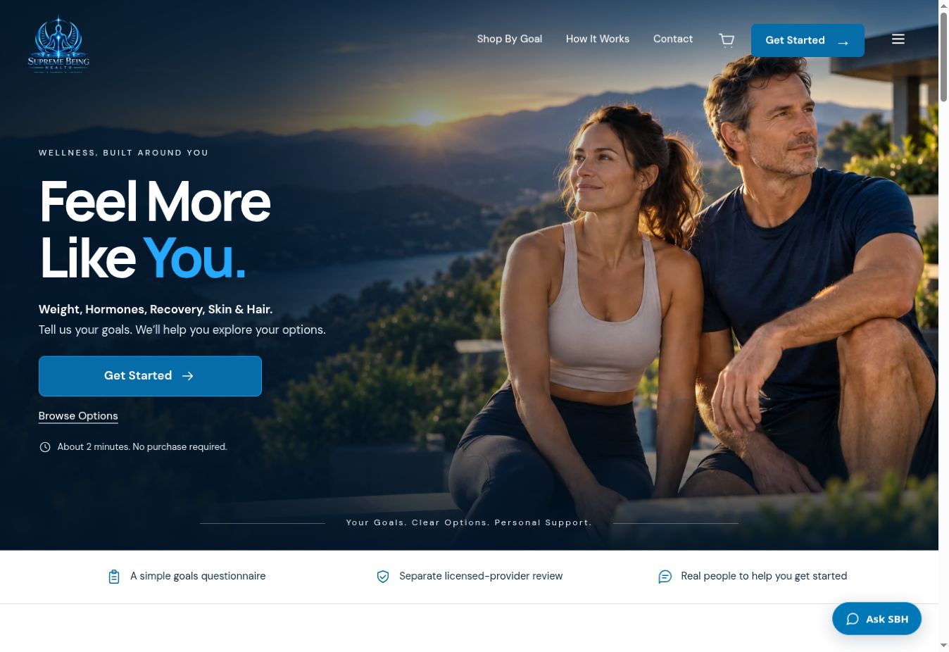 Supreme Being Health website with its wellness goals introduction and Get Started action